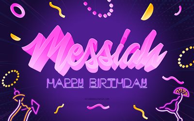 お誕生日おめでとうメシア, 4k, 紫のパーティーの背景, 救世主, クリエイティブアート, メシアの誕生日おめでとう, マッテオの名前, メシアの誕生日, 誕生日パーティーの背景