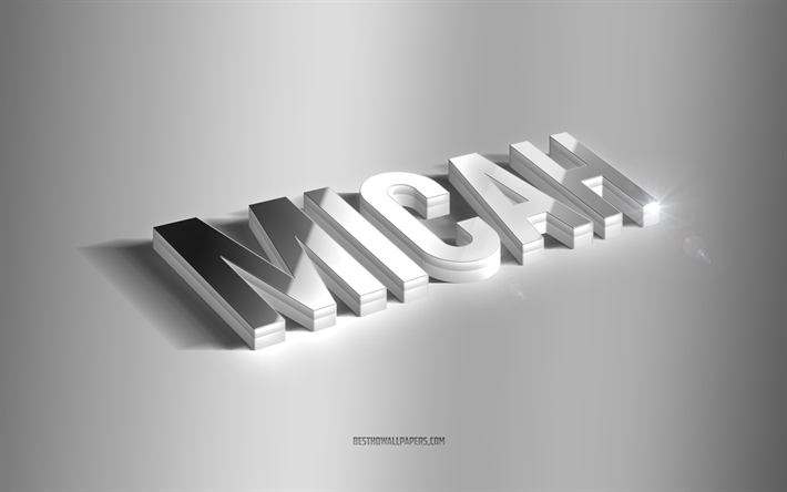 Micah, silver 3d art, gray background, wallpapers with names, Micah name, Micah greeting card, 3d art, picture with Micah name