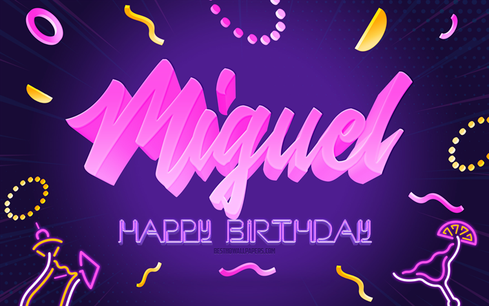 joyeux anniversaire miguel, 4k, purple party background, miguel, art cr&#233;atif, miguel nom, miguel anniversaire, f&#234;te d anniversaire fond