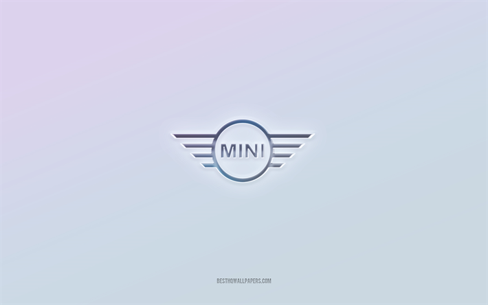 mini-logotyp, utskuren 3d-text, vit bakgrund, mini 3d-logotyp, mini-emblem, mini, pr&#228;glad logotyp, mini 3d-emblem