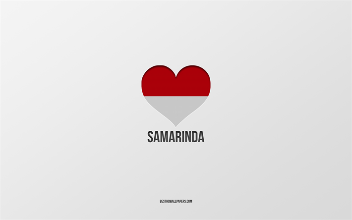 amo samarinda, citt&#224; indonesiane, giorno di samarinda, sfondo grigio, samarinda, indonesia, cuore bandiera indonesiana, citt&#224; preferite