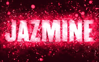 Happy Birthday Jazmine, 4k, pink neon lights, Jazmine name, creative, Jazmine Happy Birthday, Jazmine Birthday, popular american female names, picture with Jazmine name, Jazmine