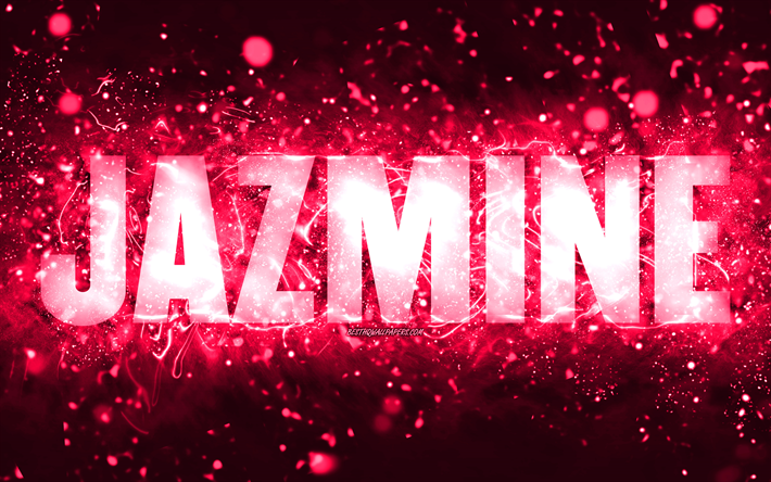 buon compleanno jazmine, 4k, luci al neon rosa, nome jazmine, creativo, compleanno jazmine, nomi femminili americani popolari, foto con nome jazmine, jazmine