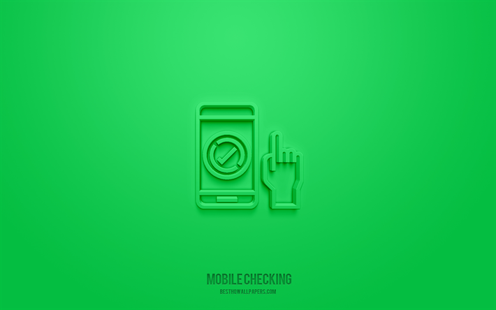 mobil kontrol 3d simgesi, yeşil arka plan, 3d semboller, mobil kontrol, teknoloji simgeleri, 3d simgeler, mobil kontrol işareti, teknoloji 3d simgeler