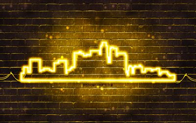 Los Angeles yellow neon silhouette, 4k, yellow neon lights, Los Angeles skyline silhouette, yellow brickwall, american cities, neon skyline silhouettes, USA, Los Angeles silhouette, Los Angeles