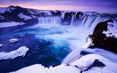 Godafoss, winter, waterfall, Icelandic landmarks, snowdrifts, Skjalfandafljot River, waterfalls of Iceland, beautiful waterfall, Iceland