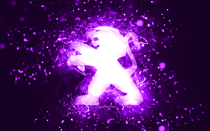 peugeot violettes logo, 4k, violette neonlichter, kreativer, violetter abstrakter hintergrund, peugeot-logo, automarken, peugeot