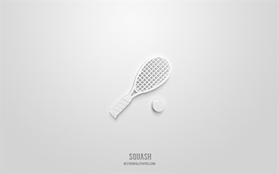 ic&#244;ne 3d de squash, fond blanc, symboles 3d, squash, ic&#244;nes de sport, ic&#244;nes 3d, signe de squash, ic&#244;nes 3d de sport