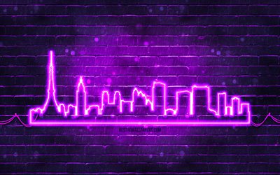 Tokyo violet neon silhouette, 4k, violet neon lights, Tokyo skyline silhouette, violet brickwall, japanese cities, neon skyline silhouettes, Japan, Tokyo silhouette, Tokyo