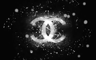 Chanel white logo, 4k, white neon lights, creative, black abstract background, Chanel logo, fashion brands, Chanel