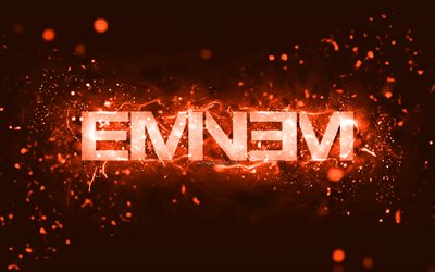 Eminem orange logo, 4k, american rapper, orange neon lights, creative, orange abstract background, Marshall Bruce Mathers III, Eminem logo, music stars, Eminem