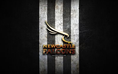 Newcastle Falcons, golden logo, Premiership Rugby, black metal background, english rugby club, Newcastle Falcons logo, rugby