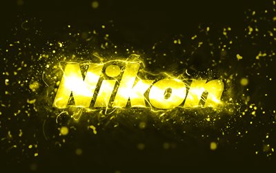 شعار نيكون الأصفر, 4k, أضواء النيون الصفراء, خلاق, خلفية مجردة صفراء, شعار نيكون, العلامات التجارية, نيكون