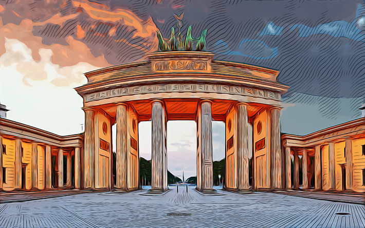 Brandenburg Gate, Berlin, 4k, vector art, Brandenburg Gate drawing, creative art, Brandenburg Gate art, vector drawing, abstract cars, car drawings, Berlin drawing, Germany