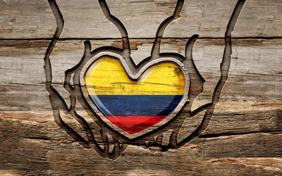 I love Colombia, 4K, wooden carving hands, Day of Colombia, Colombian flag, Flag of Colombia, Take care Colombia, creative, Colombia flag, Colombia flag in hand, wood carving, South American countries, Colombia