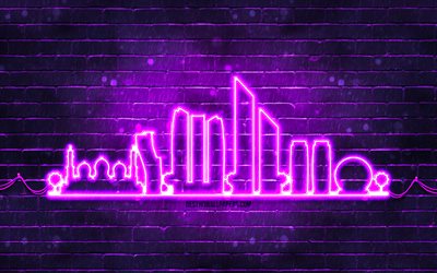 Abu Dhabi violet neon silhouette, 4k, violet neon lights, Abu Dhabi skyline silhouette, violet brickwall, UAE cities, neon skyline silhouettes, UAE, Abu Dhabi silhouette, Abu Dhabi, United Arab Emirates