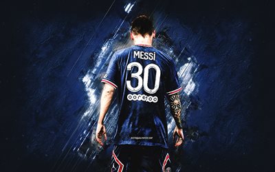 Lionel Messi, PSG, blue stone background, Paris Saint-Germain, Messi PSG, grunge art, football