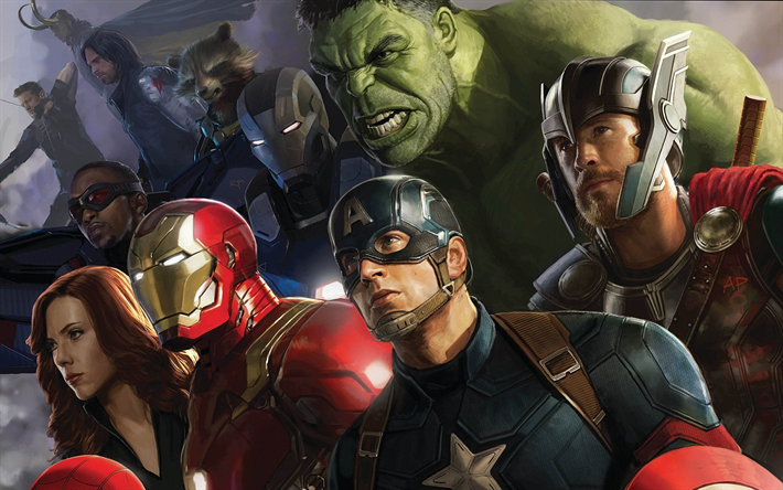 avengers infinity-krieg, 2018, kunst, poster, superhelden, alle zeichen, captain america, hulk, iron man