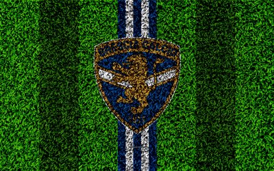 Brescia FC, 4k, football lawn, italian football club, logo, blue white lines, grass texture, Serie B, Brescia, Italy, football, Brescia Calcio