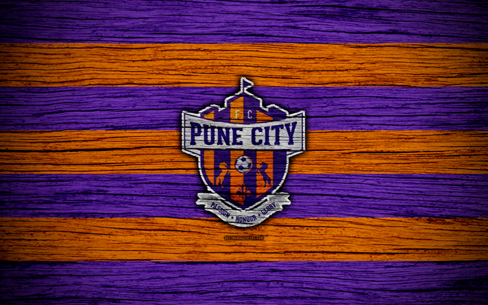 Pune City FC, 4k, Hint S&#252;per Lig, futbol, Hindistan, Futbol Kul&#252;b&#252;, Pune City, ATK, ahşap doku, FC Pune City