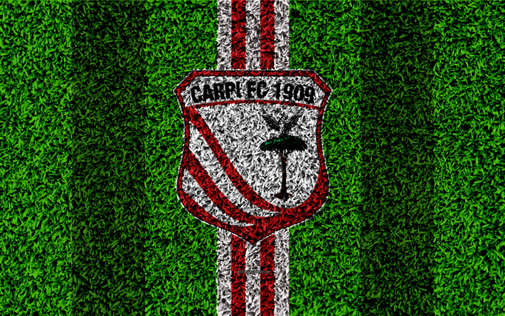 Carpi FC 1909, 4k, le football pelouse, italien, club de football, logo, rouge, ligne blanche, texture d&#39;herbe, Serie B, Carpi, Italie, football