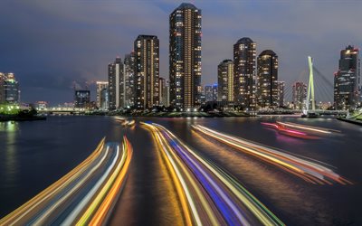 Eitai Puente, Tokio, l&#237;neas de luz, paisaje, noche, rascacielos, Jap&#243;n