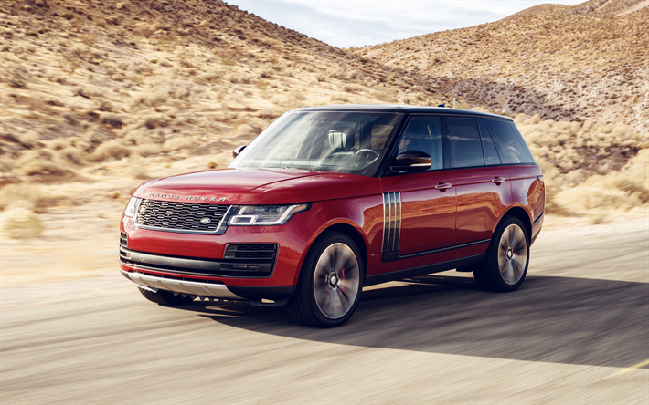 Range Rover SVAutobiography, offroad, 2018 otomobil, SUV, kırmızı Range Rover, Land Rover, motion blur, Range Rover