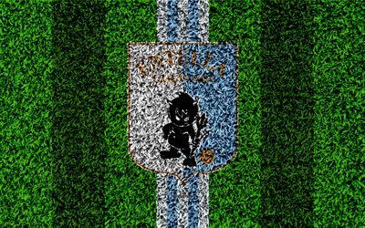 Virtus Entella, 4k, calcio prato, il calcio italiano di club, logo, bianco righe blu, erba texture, Serie B, Chiavari, Italia, calcio, Entella FC