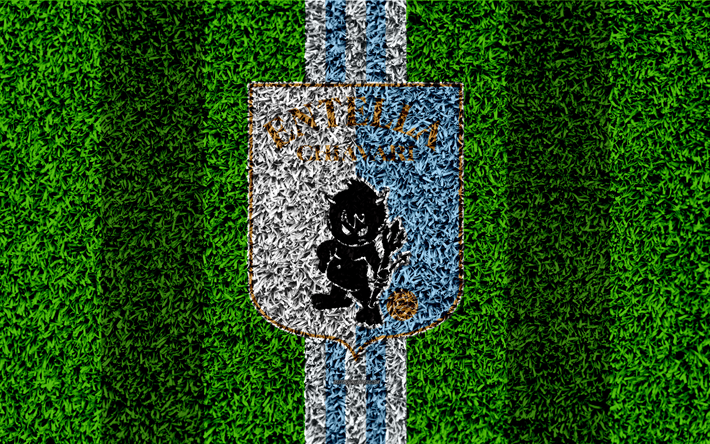 Virtus Entella, 4k, le football pelouse, italien, club de football, logo, blanc bleu lignes, texture d&#39;herbe, Serie B, Chiavari, Italie, le football, le FC Entella