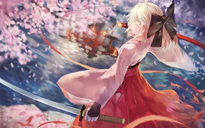 Sakura Saber, 4k, Fleur de Cerisier Sabre, katana, Sort le Grand Ordre, Okita Souji, TYPE-MOON