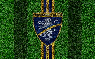Frosinone Calcio, 4k, le football pelouse, italien, club de football, le logo jaune bleu lignes, texture d&#39;herbe, Serie B, Frosinone, Italie, le football, le FC Frosinone