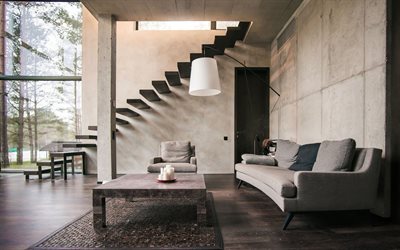 soggiorno, design moderno, le pareti in calcestruzzo, arte concreta, minimalisation, interni moderni