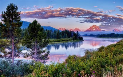 fiume, tramonto, sera, primavera, paesaggio di montagna, Parco Nazionale di Grand Teton, USA