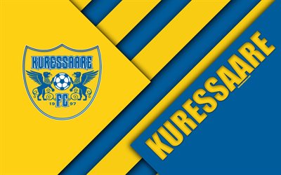 FC Kuressaare, 4k, estone football club, il logo, il design dei materiali, blu, giallo, astrazione, Meistriliiga, Kuressaare, Estonia, calcio, campionato di calcio estone