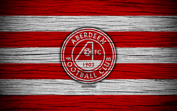 4k, Aberdeen FC, logo, Scottish Premiership, soccer, football, Scotland, Aberdeen, wooden texture, Scottish Football Championship, FC Aberdeen
