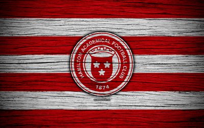 4k, Hamilton Accademico FC, logo, Scottish premier league, soccer, calcio, Scozia, Hamilton Accademico, di legno, texture, Scozzese Campionato di Calcio, FC Hamilton Accademico