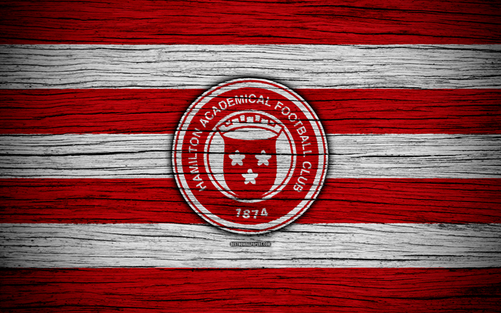 4k, Hamilton Academical FC, logo, Scottish Premiership, soccer, football, Scotland, Hamilton Academical, wooden texture, Scottish Football Championship, FC Hamilton Academical