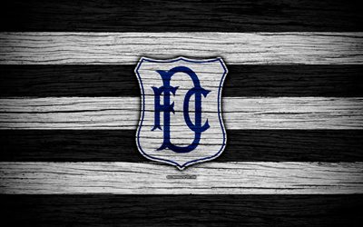 4k, Dundee FC, logo, Scottish premier league, soccer, calcio, Scozia, Dundee, di legno, texture, Scozzese Campionato di Calcio, FC Dundee