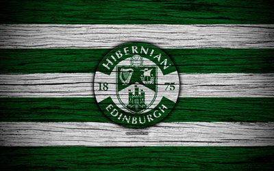 4k, el Hibernian FC, el logotipo, la Scottish Premier league, f&#250;tbol, Escocia, el Hibernian, textura de madera, Escoc&#233;s, Campeonato de F&#250;tbol