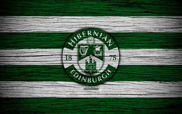 4k, Hibernian FC, logo, Scottish Premiership, soccer, football, Scotland, Hibernian, wooden texture, Scottish Football Championship, FC Hibernian
