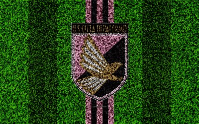 NOS Palermo, 4k, f&#250;tbol de c&#233;sped, italiana de f&#250;tbol del club, logotipo, rosa l&#237;neas de color negro, textura de la hierba, de la Serie B, Palermo, Italia, el f&#250;tbol, Palermo FC