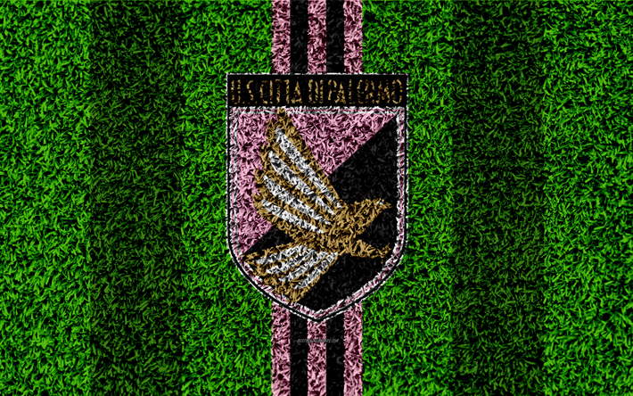 US Palermo, 4k, football lawn, Italian football club, logo, pink black lines, grass texture, Serie B, Palermo, Italy, football, Palermo FC