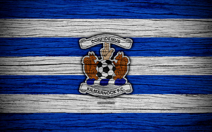 4k, Kilmarnock FC, logo, Escoc&#234;s Premiership, futebol, A esc&#243;cia, Kilmarnock, textura de madeira, Escoc&#234;s Campeonato De Futebol