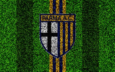 Parme Calcio 1913, 4k, le football pelouse, italien, club de football, logo, bleu-jaune lignes, texture d&#39;herbe, Serie B, Parme, en Italie, le football