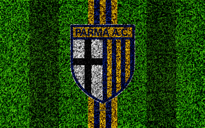 Parma Futebol 1913, 4k, futebol gramado, italiano de futebol do clube, logo, azul-linhas amarelas, grama textura, Serie B, Parma, It&#225;lia, futebol