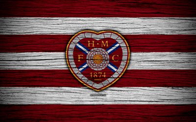 4k, Hearts FC, logo, Scottish Premiership, soccer, football, Scotland, Hearts, wooden texture, Scottish Football Championship, FC Hearts