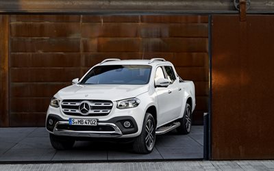 Mercedes-Benz X-Class, 2018, beyaz pick-up, garaj, yeni beyaz X-Sınıfı, Alman otomobil, Mercedes