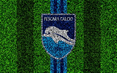 Pescara FC, Delfino Pescara 1936, 4k, football lawn, italian football club, logo, blue lines, grass texture, Serie B, Pescara, Italy, football