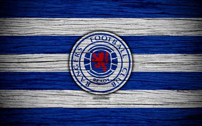 4k, Rangers FC, logo, Scottish Premiership, soccer, football, Scotland, Rangers, wooden texture, Scottish Football Championship, FC Rangers