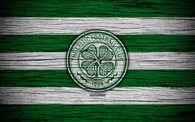 4k, Celtic FC, logo, Scottish Premiership, soccer, football, Scotland, Celtic, wooden texture, Scottish Football Championship, FC Celtic